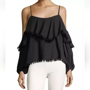 Misa Los Angeles Elisa Cold Shoulder Long Sleeve Pom Pom Top Medium Black